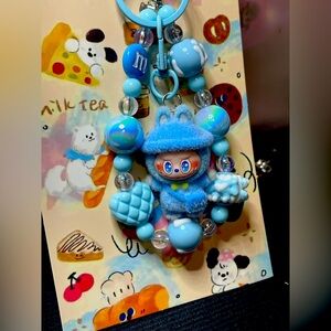 Blue Labubu Furry Character Keychain Toy - Handmade great for backpacks and bags